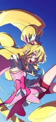 Rule 34 | 1girl, blonde hair, blue background, bow, brooch, character request, detached sleeves, dress, floating hair, hair behind ear, heart, heart brooch, highres, long hair, magical girl, nukosann, open mouth, pink bow, pink dress, ponytail, precure, purple eyes, selfie, smile, solo, very long hair