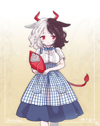 Rule 34 | 1girl, biyon, black hair, blue skirt, breasts, buttons, closed mouth, collared shirt, commentary, cow horns, cow tail, feet out of frame, horns, kobeya uniform, large breasts, medium hair, multicolored hair, red eyes, red horns, shirt, short sleeves, skirt, smile, solo, split-color hair, symbol-only commentary, tail, touhou, twitter username, underbust, ushizaki urumi, white hair, white shirt