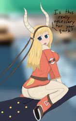 Rule 34 | absurdres, ass, blonde hair, blue eyes, blush, boku no hero academia, grinding, highres, horns, leather, motion lines, pants, pantylines, tight clothes, tight pants, tsunotori pony