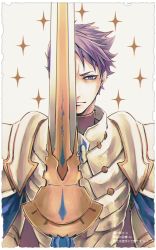 Rule 34 | 1boy, armor, arondight (fate), fate/grand order, fate (series), holding, holding sword, holding weapon, lancelot (fate/grand order), long hair, male focus, purple eyes, purple hair, short hair, solo, sparkle, sword, weapon