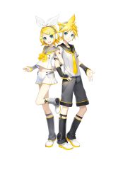 Rule 34 | 1boy, 1girl, arm hug, blonde hair, brother and sister, full body, highres, ixima, kagamine len, kagamine len (vocaloid4), kagamine rin, kagamine rin (vocaloid4), nail polish, official art, short hair, siblings, smile, standing, standing on one leg, transparent background, twins, v4x, vocaloid