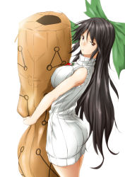 Rule 34 | 1girl, ass, black hair, bow, breasts, brown eyes, dakimakura (object), female focus, hair bow, highres, large breasts, long hair, looking at viewer, naked sweater, niwatazumi, pillow, reiuji utsuho, ribbed sweater, shirt, simple background, sleeveless, sleeveless shirt, solo, sweater, touhou, white background