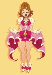 Rule 34 | &gt; &lt;, 1girl, :d, > <, absurdres, breasts, choker, clothes lift, cosplay, cure flora, cure flora (cosplay), earrings, eyebrows, closed eyes, fujii shingo, gloves, gluteal fold, go! princess precure, haruno haruka, highres, jewelry, magical girl, open mouth, ponytail, precure, short hair, skirt, skirt lift, small breasts, smile, solo, thick eyebrows, thick thighs, thighs, xd