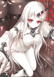 Rule 34 | 10s, 1girl, abyssal ship, breasts, claws, detached sleeves, dress, covered erect nipples, highres, horns, kantai collection, large breasts, long hair, nekoyaso, pale skin, red eyes, ribbed dress, seaport princess, short dress, single horn, solo, thighs, very long hair, white hair