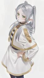 Rule 34 | 1girl, absurdres, belt, black belt, black pantyhose, capelet, closed mouth, commentary, earrings, elf, expressionless, frieren, gold trim, green eyes, grey hair, hair over shoulder, hand on own hip, highres, itou (very ito), jewelry, light blush, long hair, long sleeves, looking to the side, pantyhose, parted bangs, pointy ears, shirt, short eyebrows, sidelocks, simple background, skirt, solo, sousou no frieren, striped clothes, striped shirt, twintails, white background, white capelet, white skirt, wide sleeves