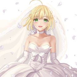 Rule 34 | 1girl, ahoge, artoria pendragon (all), artoria pendragon (fate), bare shoulders, blonde hair, breasts, bridal veil, commentary request, dress, fate/grand order, fate (series), gloves, green eyes, kazama (akki12), leaf, looking at viewer, medium breasts, official alternate costume, open mouth, saber (fate), smile, solo, veil, wedding dress, white gloves