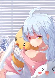 Rule 34 | 1girl, :t, absurdres, ahoge, azur lane, bare shoulders, bird, blinders, blunt bangs, blush, chick, dress, electric fan, from behind, highres, indoors, knee up, light blush, long hair, looking at viewer, looking back, manjuu (azur lane), mole, mole under eye, nicholas (azur lane), nicholas (retrofit) (azur lane), hugging object, pink sailor collar, red eyes, sailor collar, sitting, stuffed animal, stuffed bird, stuffed toy, wep16night, white dress, yellow eyes