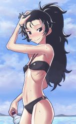 Rule 34 | 1girl, arm up, armpits, bikini, black bikini, black hair, blush, bottle, brown eyes, cloud, copyright request, day, flat chest, freckles, halterneck, hand in own hair, hand on own head, highres, holding, long hair, looking at viewer, looking back, matsuda yuusuke, mole, mountain, o-ring, o-ring bikini, o-ring bottom, o-ring swimsuit, o-ring top, ocean, outdoors, ponytail, profile, ribs, skinny, sky, smile, solo, standing, strapless, sweat, swimsuit, tube top, water, water bottle, wavy hair, wet
