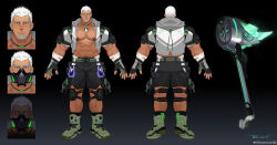 Rule 34 | 1boy, abs, absurdres, arm hair, arms at sides, bandaged arm, bandages, bara, bare pectorals, beard, biceps, cropped jacket, dark-skinned male, dark skin, dog tags, ear piercing, facial hair, from behind, full body, glowing, glowing eyes, glowing mask, glowing weapon, goatee, grey shorts, highres, hood, hood down, hooded jacket, huge weapon, incredibly absurdres, jacket, knee pads, large pectorals, leg hair, long sideburns, male focus, mask, mouth mask, multiple views, muscular, muscular male, mustache stubble, navel hair, nipple piercing, nipple rings, nipples, original, pectorals, piercing, planted, powerlesssong, scar, scar on chest, shoes, short hair, short sleeves, shorts, sideburns, sneakers, standing, stomach, straight-on, stubble, thick eyebrows, war hammer, weapon, white hair, white jacket