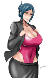 Rule 34 | 1girl, blue hair, breasts, brown eyes, cleavage, covered navel, hip focus, large breasts, leotard, open clothes, red leotard, shibusun, short hair, signature, simple background, smile, solo, white background, wide hips