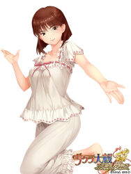 Rule 34 | barefoot, blunt bangs, blunt ends, bob cut, brown eyebrows, brown eyes, brown hair, collarbone, commentary, copyright name, cowboy shot, english text, floral print pants, floral print sleeves, hair behind ear, highres, kanzaki sumire, lace trim, leg up, logo, mobage, mole, mole under eye, official art, outstretched arm, outstretched hand, pajamas, pants, pink ribbon, ribbon, ribbon trim, sakura taisen, sega, smile, standing, standing on one leg, straight hair, white pajamas, white pants, white sleeves, yuasa tsugumi