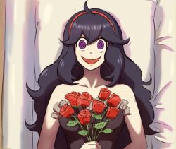 Rule 34 | 1girl, @ @, ahoge, bare shoulders, black dress, chips n cookies, collarbone, creatures (company), dress, flower, game freak, hex maniac (pokemon), looking at viewer, lying, my chemical romance, nintendo, open mouth, pokemon, pokemon xy, purple eyes, purple hair, red flower, rose, smile, solo, straight-on, upper body