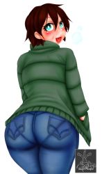 Rule 34 | 1girl, absurdres, ass, blush, breasts, denim, from behind, green eyes, highres, huge ass, jacket, jeans, looking at viewer, looking back, mature female, open mouth, original, pants, pantylines, red hair, sasori-sanin, short hair, sideboob, smile, solo, transparent background