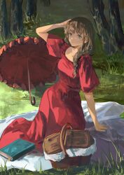 Rule 34 | 1girl, absurdres, blue eyes, braid, brown hair, dress, forest, grass, highres, jenmin12, looking at viewer, nature, original, picnic, picnic basket, picnic blanket, red dress, red umbrella, solo, tree, umbrella