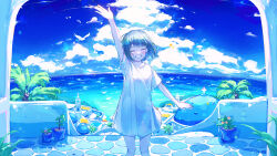 Rule 34 | 1girl, :d, arch, arm at side, arm up, black hair, blue sky, blue theme, blush, closed eyes, cloud, cloudy sky, cross, cumulonimbus cloud, day, dome, facing viewer, feet out of frame, fuunyon, grin, highres, horizon, long bangs, no pants, ocean, open hand, open mouth, original, outdoors, palm tree, plant, potted plant, shirt, short hair, short sleeves, sidelocks, simple bird, sky, smile, solo, stone floor, stone wall, straight-on, teeth, tower, town, tree, wall, white shirt