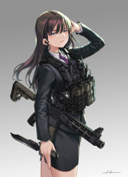 Rule 34 | 1girl, assault rifle, blazer, blue eyes, brown hair, commentary, dagger, earpiece, formal, gradient background, gun, holding, holding weapon, jacket, knife, kws, load bearing vest, long hair, looking at viewer, magazine (weapon), narrowed eyes, necktie, original, pencil skirt, rifle, skirt, solo, suit, suppressor, weapon, weapon request