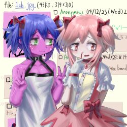 Rule 34 | 2girls, 4chan, arm behind back, bare arms, bare shoulders, belt collar, black collar, blood, blue hair, blush, bow, breasts, bury pink gril, buttons, choker, cleavage, closed mouth, collar, collarbone, colored skin, commentary, diu9you, double v, dress, english commentary, english text, furrowed brow, gloves, green eyes, hair bow, halter dress, halterneck, hand up, hands up, imageboard, kaname madoka, looking at another, looking at viewer, magical girl, mahou shoujo madoka magica, mahou shoujo madoka magica (anime), medium breasts, multiple girls, multiple hair bows, nosebleed, open mouth, pale skin, pink eyes, pink gemstone, pink hair, pink skin, puffy short sleeves, puffy sleeves, red bow, red choker, short hair, short sleeves, small breasts, smile, soul gem, standing, sweat, two side up, v, white dress, white gloves