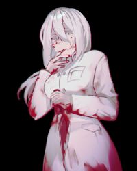 Rule 34 | 1girl, black background, blood, blood on clothes, blood on face, bloody weapon, breast pocket, chef, closed mouth, coat, cowboy shot, highres, holding, holding knife, knife, library of ruina, long hair, long sleeves, looking at viewer, low-tied long hair, msx (mis4xi), pierre (project moon), pocket, project moon, simple background, solo, weapon, white coat, white eyes, white hair