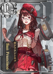 Rule 34 | 1girl, belt, beret, bracelet, breasts, flower, glasses, gun, hair flower, hair ornament, handgun, hat, holster, jeanex, jewelry, kantai collection, mecha musume, open mouth, pacific (kancolle), personification, red eyes, red hair, revolver, skirt, smile, solo, turret, uss san francisco (ca-38), weapon