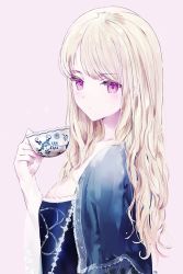 Rule 34 | 1girl, blonde hair, blue capelet, blue dress, blush, capelet, commentary request, cup, dress, from side, long hair, looking at viewer, looking to the side, original, pink background, purple eyes, signature, simple background, solo, teacup, tr (hareru)