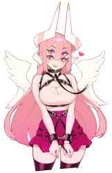 1girl, absurdres, blush, bondage outfit, borrowed character, bound, bound wrists, breasts, chi (fernybee), cleavage, cleavage cutout, clothing cutout, commentary, contrapposto, cowboy shot, cuffs, english commentary, extra eyes, feathered wings, fingernails, halphelt, heart, heart cutout, highres, horns, large breasts, leash, lipstick, long hair, looking at viewer, makeup, miniskirt, multiple horns, multiple wings, o-ring, original, parted lips, pink eyes, pink hair, pink lips, pink skirt, purple legwear, sharp fingernails, simple background, skirt, smile, solo, standing, thighhighs, very long hair, white background, white wings, wings