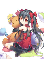 Rule 34 | 1girl, :t, bare shoulders, bat wings, black gloves, black hair, black wings, bow, choker, hugging doll, elbow gloves, flat chest, fred04142, gloves, hair bow, highres, long hair, looking at viewer, looking back, hugging object, official art, original, pout, red eyes, ribbon choker, shirt, sitting, skirt, solo, strapless, stuffed animal, stuffed rabbit, stuffed cat, stuffed sheep, stuffed toy, teddy bear, twintails, very long hair, wariza, wings