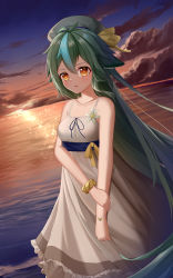 Rule 34 | 1girl, :d, absurdres, alternate costume, alternate hairstyle, bow, bracelet, casual, cat girl, cat tail, cloud, cloudy sky, collarbone, commentary request, dress, genshin impact, green hair, hair between eyes, hair down, hat, hat bow, hat ribbon, highres, holding own arm, horizon, jewelry, long hair, looking at viewer, multicolored hair, no eyewear, ocean, open mouth, orange eyes, parted lips, ribbon, scrunchie, sidelocks, sky, skym (kumei), sleeveless, smile, solo, spaghetti strap, streaked hair, sucrose (genshin impact), tail, twilight, two-tone hair, white dress, wrist scrunchie
