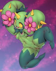 Rule 34 | 1girl, :3, absurdres, animal hands, arms up, blush, breasts, claws, clitoris, colored sclera, colored skin, completely nude, creatures (company), fang, female focus, flower, full body, game freak, gen 5 pokemon, gluteal fold, green skin, groin, happy, highres, hitmanatee, legs, looking at viewer, maractus, monster girl, multicolored skin, navel, nintendo, nipples, nude, open mouth, personification, pink flower, plant girl, pokemon, pokemon (creature), purple background, pussy, skin fang, small breasts, smile, solo, sparkle, spikes, spread legs, stomach, thick thighs, thighs, two-tone skin, uncensored, wide hips, yellow eyes, yellow sclera
