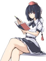 Rule 34 | 1girl, belt, black bow, black bowtie, black hair, black skirt, book, bow, bowtie, collared shirt, crossed legs, frilled skirt, frills, hat, kamukamu (ars), looking at viewer, miniskirt, notebook, pen, pointy ears, pom pom (clothes), puffy short sleeves, puffy sleeves, red eyes, shameimaru aya, shirt, short hair, short sleeves, sitting, skirt, smile, solo, tokin hat, touhou, white background, white shirt