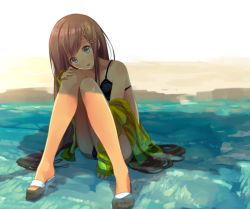 Rule 34 | 1girl, barefoot, beach, bikini, black bikini, blue eyes, blush, brown hair, crotch, hair ornament, hairclip, hand on own knee, head tilt, jacket, long hair, looking at viewer, off shoulder, open mouth, original, outdoors, partially submerged, sand, sandals, shade, sitting, smile, solo, submerged, swimsuit, toes, very long hair, water, yoo (tabi no shiori)