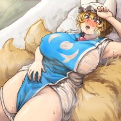 Rule 34 | 1girl, animal hat, armpits, belly, blonde hair, blush, breasts, brown eyes, chanta (ayatakaoisii), clothes lift, covered erect nipples, dress, dress lift, fox tail, hair between eyes, hand on own forehead, hat, hip focus, huge breasts, looking down, lying, mob cap, multiple tails, no panties, on back, open mouth, panties, panty pull, pillow, plump, scratching, see-through, short hair, short sleeves, solo, sweat, tabard, tail, thick thighs, thighs, touhou, underwear, white dress, white panties, yakumo ran