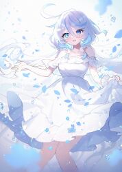Rule 34 | 1girl, apple caramel, blue hair, breasts, clothes lift, cloud, collarbone, cowboy shot, cowlick, crying, dress, dress lift, drop-shaped pupils, flower, frilled dress, frills, furina (genshin impact), genshin impact, hair between eyes, hair intakes, heterochromia, highres, lifted by self, light blue hair, long hair, medium breasts, mismatched pupils, multicolored hair, off-shoulder dress, off shoulder, single wrist cuff, standing, sundress, symbol-shaped pupils, two-tone hair, very long hair, water drop, white dress, white hair, wrist cuffs