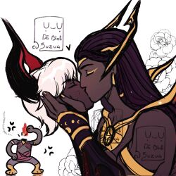 Rule 34 | 5uzu4, annoyed, arcana xerath, azir, bicep strap, black hair, couple, dark-skinned male, dark skin, demon boy, dreadlocks, hand on another&#039;s head, highres, horns, husband and husband, kiss, kiss day, league of legends, legends of runeterra, long hair, male focus, monster, multiple boys, noses touching, short hair, simple background, size difference, sketch, xerath, yaoi