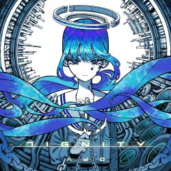 Rule 34 | 1girl, absurdly long hair, ado (utaite), album cover, blue eyes, blue hair, blue shirt, blue theme, buttons, chain, character name, chinmoku no kantai, closed mouth, cloud nine inc, collarbone, commentary request, cover, double-breasted, floating hair, gradient hair, halo, highres, long hair, long sleeves, looking at viewer, multicolored hair, omao, sailor collar, shirt, sidelocks, solo, upper body, utaite, very long hair, white sailor collar