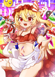 Rule 34 | 1girl, absurdres, alternate costume, blonde hair, bow, crystal, doll, emoji, fingernails, flandre scarlet, hat, hat bow, heart, heart print, highres, holding, holding doll, internet survivor, kobachi k 88, long fingernails, looking at viewer, mob cap, nail polish, navel, one side up, open mouth, pleading face emoji, red eyes, red nails, remilia scarlet, skirt, solo, striped, striped bow, thighhighs, touhou, white hat, white skirt, white thighhighs, wings, yin yang