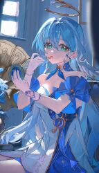 Rule 34 | 1girl, absurdres, aqua eyes, asymmetrical gloves, bare shoulders, blue hair, cosmetics, detached sleeves, dress, earrings, gloves, halo, hands up, head wings, highres, holding, holding lipstick tube, holding mirror, honkai: star rail, honkai (series), iinagi (kashiwa keira), indoors, jewelry, lipstick, lipstick tube, long hair, looking at viewer, makeup, mirror, parted lips, robin (honkai: star rail), short sleeves, sitting, solo, two-tone dress, uneven gloves, white dress, white gloves, white wings, wings