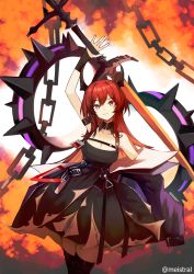 Rule 34 | 1girl, abstract background, absurdres, arknights, black collar, black dress, black jacket, black thighhighs, boots, breasts, chain, cleavage, collar, cowboy shot, demon horns, detached sleeves, dress, elite ii (arknights), hand up, highres, holding, holding sword, holding weapon, horns, id card, jacket, long hair, looking at viewer, meis (meistral), off shoulder, open clothes, open jacket, orange background, purple eyes, red hair, sleeveless, sleeveless dress, solo, surtr (arknights), sword, sword behind back, thigh boots, thighhighs, twitter username, very long hair, weapon