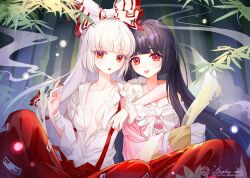 Rule 34 | 2girls, :p, absurdres, arm around neck, bamboo, black hair, blunt bangs, bow, bowtie, breasts, cigarette, cleavage, collarbone, commentary request, feet out of frame, fujiwara no mokou, hair bow, highres, hime cut, holding, holding cigarette, houraisan kaguya, kongmaosama, long hair, long sleeves, looking at viewer, medium breasts, multiple girls, open mouth, pants, partially unbuttoned, pink shirt, red bow, red eyes, red pants, red skirt, shirt, shoulder-to-shoulder, single bare shoulder, skirt, smoke, suspenders, suspenders slip, tongue, tongue out, torn bow, torn bowtie, torn clothes, torn shirt, torn sleeves, touhou, two-tone bow, white bow, white bowtie, white hair, white shirt