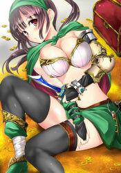 Rule 34 | 1girl, absurdres, bandana, black thighhighs, blush, breasts, bridal gauntlets, brown hair, cape, cleavage, coin, highres, knife, looking at viewer, miracle hoshi, navel, original, ponytail, red eyes, solo, thighhighs, treasure chest