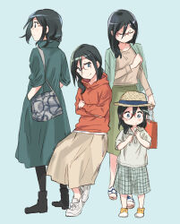 1girl aged_down amano_shin bag black_hair blue_eyes brown_skirt cardigan commentary glasses green_background green_cardigan green_jacket green_skirt hat hibike!_euphonium highres hood hoodie jacket long_hair red-framed_eyewear red_hoodie sandals shopping_bag shoulder_bag simple_background sitting skirt smile standing straw_hat tanaka_asuka white_sneakers