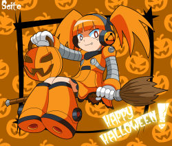 Rule 34 | 1girl, alternate color, broom, broom riding, call (mighty no. 9), call d, fang, halloween, happy halloween, headphones, jack-o&#039;-lantern, mighty no. 9, orange hair, red eyes, robot, shoutaro saito, smile, twintails