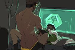 Rule 34 | 2boys, abs, absurdres, arm hair, ass, back, bara, copyright request, cropped legs, crypto (apex legends), dark-skinned male, dark skin, from side, hairy, highres, male focus, male penetrated, mature male, mirage (apex legends), multiple boys, muscular, muscular male, non-web source, nude, sex, short hair, yaoi