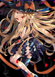 Rule 34 | 1girl, abigail williams (fate), abigail williams (second ascension) (fate), ass, black bow, black hat, black thighhighs, blonde hair, blush, bow, commentary request, fate/grand order, fate (series), from behind, hat, hat bow, highres, keyhole, long hair, looking at viewer, orange bow, parted bangs, polka dot, polka dot bow, red eyes, single thighhigh, sinobi illust, solo, thighhighs, very long hair