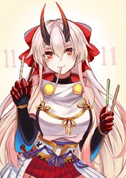 Rule 34 | 1girl, armor, blush, bow, commentary request, elbow gloves, fate/grand order, fate (series), food, gauntlets, gloves, hair bow, headband, horns, horns through headwear, japanese armor, japanese clothes, long hair, looking at viewer, mouth hold, oni horns, pink hair, pocky, pocky day, red bow, red eyes, sleeveless, slit pupils, smile, solo, ten-chan (eternal s), tomoe gozen (fate)
