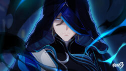 Rule 34 | 1boy, :|, blue background, blue eyes, blue hood, blue theme, brown hair, chinese commentary, closed mouth, expressionless, hair between eyes, highres, honkai (series), honkai impact 3rd, hood, logo, looking at viewer, male focus, official art, official wallpaper, one eye covered, solo, upper body