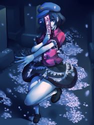 Rule 34 | 1girl, bad id, bad pixiv id, bare legs, between fingers, black hair, blouse, blue eyes, blue theme, dark, female focus, full body, graveyard, hat, highres, hitoto, holding, jiangshi, leg lift, miyako yoshika, ofuda, ofuda between fingers, one eye covered, open mouth, outstretched arm, pale skin, pantyhose, petals, red shirt, shirt, short hair, short sleeves, skirt, solo, standing, standing on one leg, star (symbol), tombstone, touhou, white pantyhose
