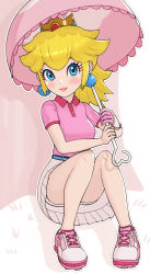 Rule 34 | 1girl, ?, absurdres, bare legs, belt, blonde hair, blue belt, blue eyes, blush, breasts, buttons, closed mouth, cross-laced footwear, crown, earrings, eyelashes, full body, gloves, golf peach, gonzarez, grass, highres, holding, holding umbrella, jewelry, knees up, lips, looking at viewer, mario (series), mario golf, mario golf: super rush, medium breasts, medium hair, nintendo, outdoors, outline, parasol, pink footwear, pink gloves, pink lips, pink shirt, pink umbrella, pleated skirt, polo shirt, ponytail, princess peach, shadow, shirt, shirt tucked in, shoes, short sleeves, single glove, sitting, skirt, smile, sneakers, solo, sparkle, speech bubble, spoken question mark, standing, statue, tree, umbrella, upskirt, white footwear, white gloves, white outline, white skirt, white umbrella