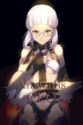 Rule 34 | 1girl, abs, adjusting clothes, adjusting necktie, bare shoulders, black background, black gloves, black necktie, breasts, cape, claw (weapon), commentary request, echo (circa), english text, fate/grand order, fate (series), fingerless gloves, fur-trimmed cape, fur trim, glasses, gloves, looking at viewer, medium breasts, necktie, parted lips, penthesilea (fate), red cape, short hair, simple background, smile, solo, teeth, twitter username, underboob, weapon, white hair, yellow eyes