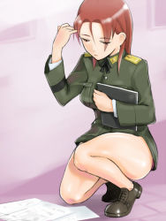 Rule 34 | 1girl, book, em (totsuzen no hakike), hair flip, long hair, looking down, military, military uniform, minna-dietlinde wilcke, paper, red hair, solo, squatting, strike witches, uniform, world witches series