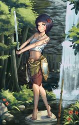 Rule 34 | 1girl, artist name, bare shoulders, black hair, blue eyes, breasts, brown shorts, closed mouth, commentary, dappled sunlight, dated, facepaint, flower, forest, full body, grass, hair flower, hair ornament, holding, holding sword, holding weapon, jewelry, klegsart, leaf, looking at viewer, nature, navel, necklace, on rock, original, outdoors, red flower, rock, sarashi, shield, short hair, shorts, small breasts, smile, solo, standing, stomach, stream, sunlight, sword, tooth necklace, tree, v arms, water, waterfall, weapon